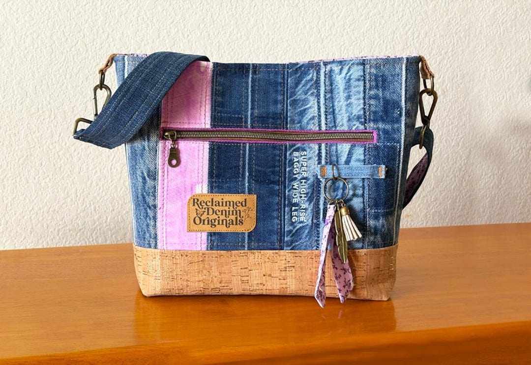 Reclaimed Denim Crossbody Bag | Upcycled Jeans Purse With Cork Bottom ...