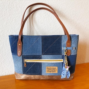 Reclaimed Denim Tote Bag | Patchwork Jean Purse | Upcycled Handbag with Leather Straps & Zipper Pockets