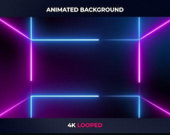 May include: An animated background featuring a dark blue and purple gradient. Bright neon lines in blue and magenta create a geometric design. The text "ANIMATED BACKGROUND" is at the top, and "4K LOOPED" is at the bottom.