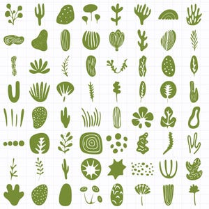 May include: A selection of green botanical illustrations, featuring leaves, stems, and abstract shapes. The designs are arranged in a grid pattern on a white background.