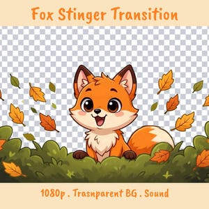 Peut inclure: Une illustration numérique d'un renard de dessin animé avec une fourrure orange et un poitrail blanc, placé derrière des buissons verts. Des feuilles d'automne orange et vertes flottent autour du renard. Le texte Fox Stinger Transition et 1080p . Trasnparent BG . Sound est visible.