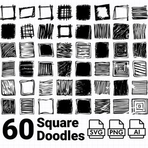 May include: An illustration featuring 60 black and white square doodles with diverse patterns, such as lines, cross-hatching, and solid fills. The image includes the text "60 Square Doodles" and icons for SVG, PNG, and AI file formats.