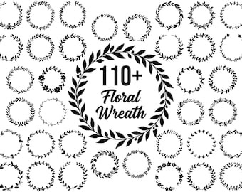 May include: A collection of over 110 black floral wreath illustrations arranged in a grid pattern. Each circular frame features distinct botanical designs, including leaves, vines, and small flowers. The central text reads 110+ Floral Wreath.