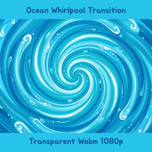 May include: An animated illustration of an ocean whirlpool transition. The design features swirling blue and white water patterns, with the text "Ocean Whirlpool Transition" at the top and "Transparent Webm 1080p" at the bottom.