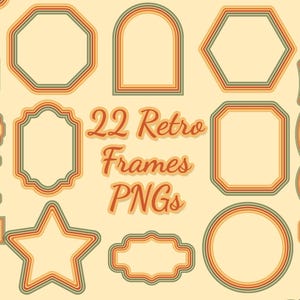 以下が含まれることがあります： 長方形、八角形、星など、さまざまな形状の22個のレトロスタイルのフレームのコレクション。各フレームは、オレンジ、緑、クリーム色のストライプのレイヤーデザインが特徴です。「22 Retro Frames PNGs」というテキストがレトロなフォントで表示されています。