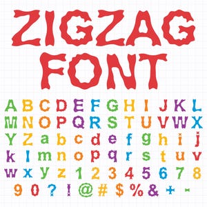 Fuente en zigzag SVG PNG AI / Alfabeto y números con goteo ondulado / Letras vectoriales coloridas para manualidades infantiles, pegatinas, sublimación y uso comercial