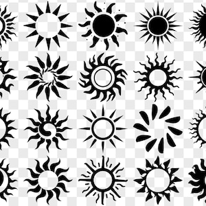 60 Sun Silhouette Clipart: Tribal Boho Sunburst Vector (SVG, PNG, AI)
