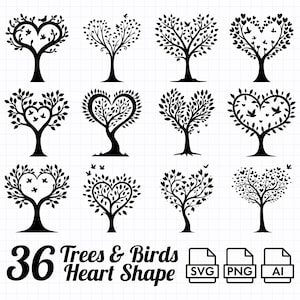 36 Herzform Baum Clipart | Liebe Baum SVG, PNG, AI | Romantische Baum-Silhouette | Natur & Vogel Design