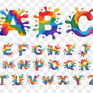 May include: A full alphabet of letters, each designed with a rainbow color scheme and a splash effect. The letters are in a sans-serif font, with each letter surrounded by a colorful splash of paint, creating a vibrant and playful design.