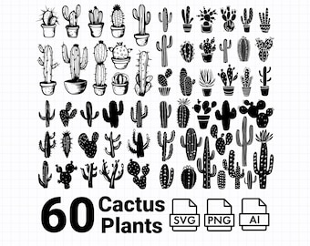 60 Hand Drawn Cactus Clipart Bundle | Desert Botanical Doodle Graphics (SVG, PNG, AI)