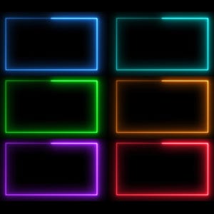May include: Six glowing rectangular frames in various colors: blue, teal, green, orange, purple, and red. Each frame has a black interior and a neon-like outline, set against a black background. The frames are evenly spaced.