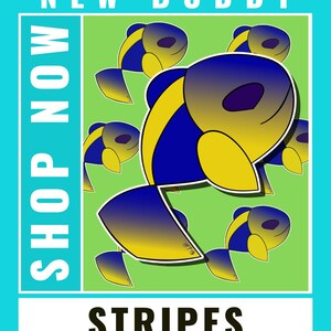 May include: A graphic design featuring a cartoon fish with yellow and blue stripes. The fish is repeated in a pattern on a green background. The text "NEW BUDDY" is at the top of the image and "SHOP NOW" is on the left side. The text "STRIPES" is at the bottom of the image.