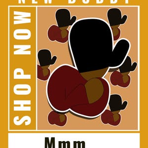May include: A red and black cartoon character with a black hat and a red shirt. The character is surrounded by smaller versions of itself. The text "SHOP NOW" is on the left side of the image and the text "NEW BUDDY" is at the top of the image. The text "Mmm..." is at the bottom of the image.