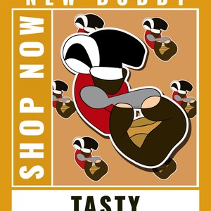 May include: A cartoon illustration of a red and black character holding a spoon and a bowl of food. The character is surrounded by smaller versions of itself. The text "NEW BUDDY" is at the top of the image, and "SHOP NOW" is on the left side. The text "TASTY" is at the bottom of the image.