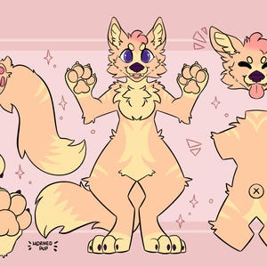 May include: A digital illustration of a yellow and orange furry canine character with a pink nose and blue eyes. The character is shown in various poses, including a full body view, a head shot, and a close-up of the paws. The illustration is on a pink background with white stars.