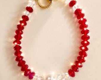 Red Crystal Pearl Love Bracelet – Handmade Gold & CZ Bracelet, Luxury Gift for Her