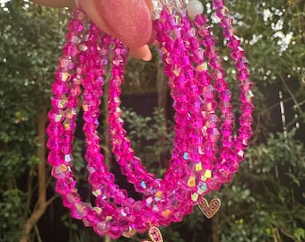 Pink Czech Crystal Double Strand Bracelet, Ruby Heart Charm
