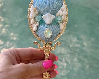 Handmade Seashell Mirror – Blue Green Coastal Hollywood Regency Vanity Decor
