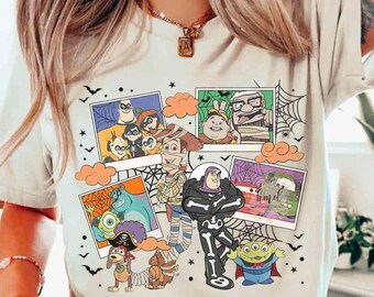 Vintage Disney Pixar Characters Halloween Photos Shirt, Mickey's Not So Scary Party Trip, Toy Story Skeleton, Cars Mummy, Monster Inc Tee