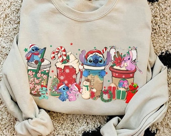 Cute Stitch and Angel Coffee Tea Sweater, Disneyland Vacation Gift, Lilo Stitch Epcot Shirt, Disney Couples Xmas Latte Drink Cup Lights Tee