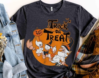 Camiseta Travessuras ou Gostosuras Huey Dewey Louie Witch Hazel, Camiseta de Abóbora de Halloween Disney Duck Tales, Presente para Festa de Férias de Outono em Família na Disneylândia