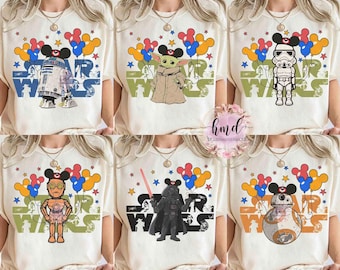 Star Wars-personagesgroep Mickey-ballonnen T-shirt, Star Wars Day 2026 May The 4th Be With You Tee, Disney Galaxy's Edge familie-uitstapje