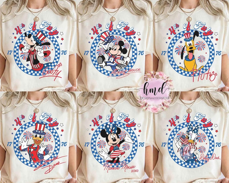 May include: Cream-coloured t-shirts featuring Disney characters in patriotic outfits. Each shirt has a circular design with fireworks, stars, and the text "H of Fun" and "76". Characters include Mickey, Minnie, Pluto, and Donald.