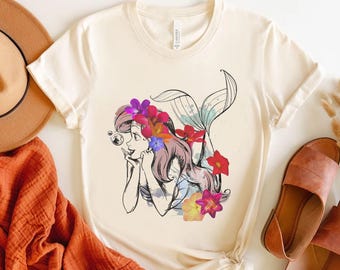 Disney The Little Mermaid Ariel Princess Floral Watercolor Outline Shirt, Unisex T-shirt Family Birthday Gift Adult Kid Toddler Tee