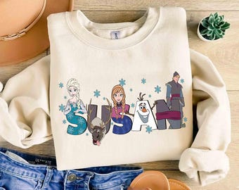 Custom Name Frozen Characters Matching T-shirt, Disneyland Family Holiday Trip Gift, Personalized Disney Elsa Anna Olaf Kristoff Sven Tee