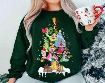 Disney Princess Characters Group Christmas Tree Shirt, Mickey's Very Merry Xmas Gift, Cute Belle Tiana Rapunzel Ariel Cinderella Jasmine Tee