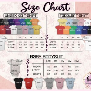 May include: A size chart for unisex kid t-shirts, toddler t-shirts, and baby bodysuits. The chart displays measurements in inches, with conversions to cm, for width, length, and sleeve length, and colour options.