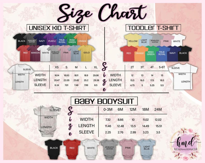 May include: A size chart for unisex kid t-shirts, toddler t-shirts, and baby bodysuits. The chart displays measurements in inches, with conversions to cm, for width, length, and sleeve length, and colour options.
