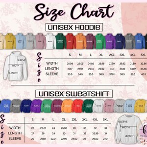 May include: A size chart for unisex hoodies and sweatshirts, detailing measurements for width, length, and sleeve length in centimetres. The chart includes various colours and sizes from S to 5XL.