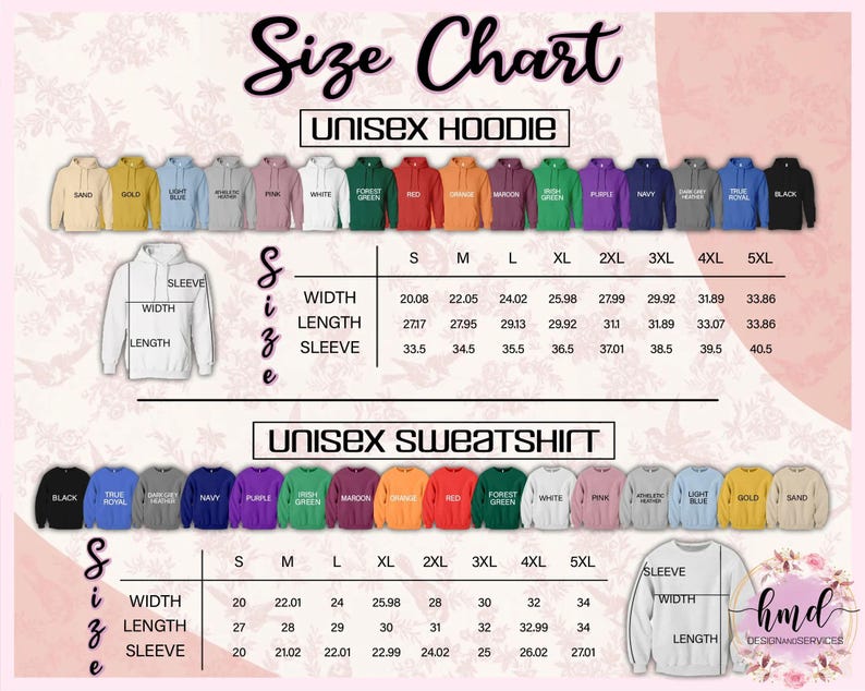 May include: A size chart for unisex hoodies and sweatshirts, detailing measurements for width, length, and sleeve length in centimetres. The chart includes various colours and sizes from S to 5XL.