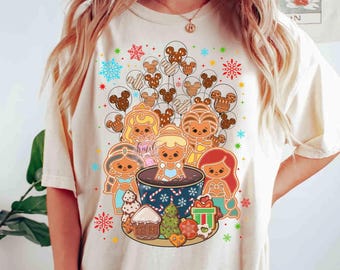 Koszulka z piernikami Disney Princess Christmas, koszulka z dziewczynką na wycieczkę, pierniczki z księżniczkami, koszulka z prezentem dla rodziny Disney, koszulka z filiżanką do herbaty Disney Princess