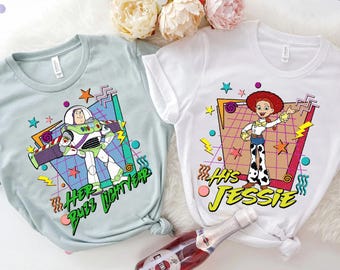 Retro 90s Pixar Toy Story Her Buzz Lightyear And His Jessie T-shirt, Disneyland Vacation WDW Trip Gift, Disney Couples Matching Tee