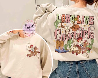 Maglietta retrò bifacciale Jessie e Bullseye "Lunga vita alle cowgirl", maglietta con i personaggi di Toy Story della Disney Pixar, viaggio in famiglia al Disneyland Resort 2025