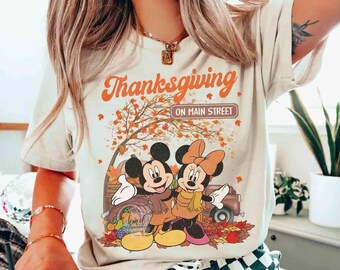 Disney Mickey and Minnie Thanksgiving On Main Street Shirt, Fall Leaves Pumpkin Matching Tee, WDW Disneyland Fall Vibes 2025 Shirt