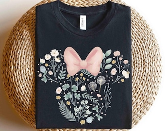 Maglietta con graziosa icona della testa di Minnie Disney e fiori primaverili, maglietta unisex WDW Magic Kingdom Holiday, regalo di compleanno per la famiglia, per adulti e bambini.