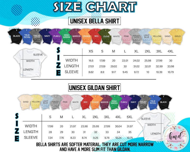 May include: A size chart for unisex Bella and Gildan shirts, displaying various colors and measurements. The chart includes width, length, and sleeve dimensions in inches for sizes XS to 5XL. Text at the bottom states Bella shirts are softer and have a slimmer fit.