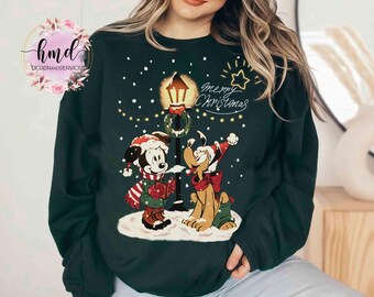 Uroczy sweterek retro z lampkami świątecznymi Mikołaja Minnie i Plutona, koszulka z motywem Myszki Miki z Disneya z wesołymi świątecznymi motywami, prezent na rodzinną wycieczkę do Disneylandu