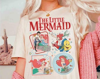 Koszulka retro z postaciami z Małej Syrenki, prezent dla rodziny z wycieczki do WDW Magic Kingdom, koszulka Disney Ariel Princess Sebastian Flounder Bubble