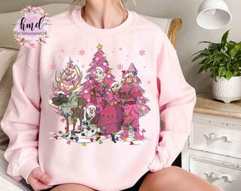 Disney Frozen Characters Group Pink Christmas Tree Light T-shirt, Elsa Anna Olaf Kristoff Xmas Matching Tee, Disneyland Family Vacation Gift