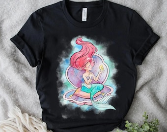 Vintage Disney Little Mermaid Ariel In Shell Watercolor Shirt, Unisex T-shirt Family Birthday Gift Adult Kid Toddler Tee, Magic Kingdom