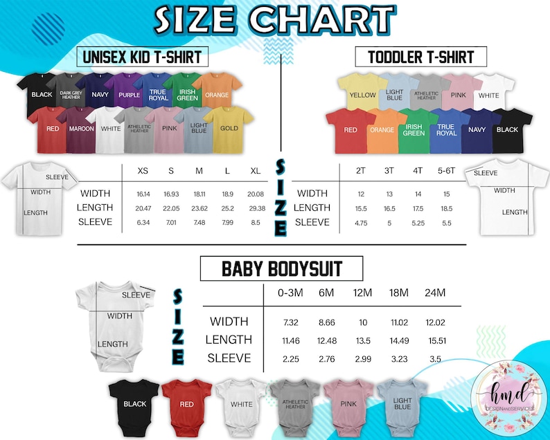May include: Size chart for unisex kid t-shirts, toddler t-shirts, and baby bodysuits. Includes measurements for width, length, and sleeve length in inches. Available colors include black, red, navy, purple, and more. The text "SIZE CHART" is at the top.
