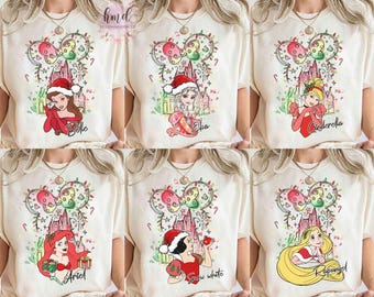 Customize Watercolor Disney Princess Christmas Shirt, Disney Girl Trip, Princess Birthday Party Gifts, Minnie Ears Princess Castle Xmas Tee