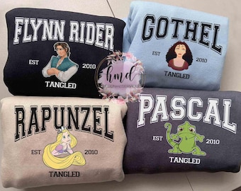 Camiseta retro personalizada vintage de Disney Enredados con todos los personajes de Rapunzel, unisex, para viaje a WDW, regalo de cumpleaños familiar, para adultos y niños pequeños.