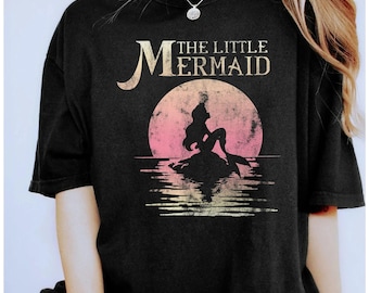 Camiseta retro de Disney con silueta de La Sirenita, Ariel, Roca y Luna, unisex, regalo de cumpleaños familiar, para adultos, niños y bebés, colores cómodos.