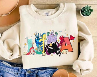 Custom Name The Little Mermaid T-shirt, Disneyland Family Matching Gift, Personalized Disney Ariel Princess Ursula Flounder Sebastian Tee