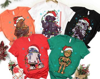 Star Wars Characters Group Christmas Light T-shirt, Disneyland Family Holiday Trip Gift, Disney Vader Chewie R2-D2 C-3PO Xmas Matching Tee